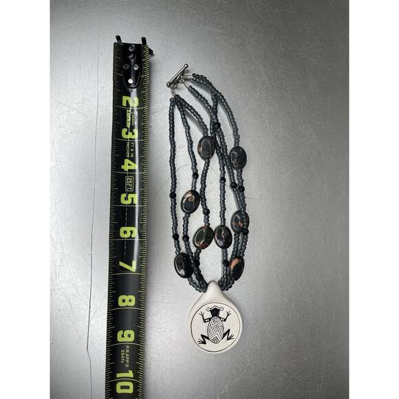 Stone Frog Pendant Necklace Multi Beaded Stone & Wood Statement Boho Hippie - Picture 4 of 4